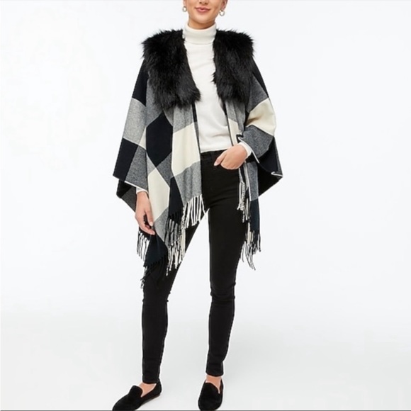 NWT J. Crew Black & White Gingham Plaid Fur Collar Fringe Poncho Cape Jacket - Picture 5 of 8